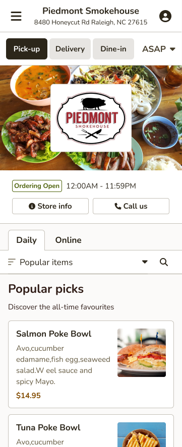 Online ordering screenshot